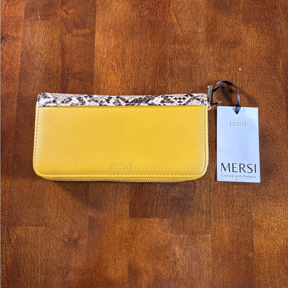 Mersi Vegan leather wallet in a Mustard Yellow with a Snake print accent